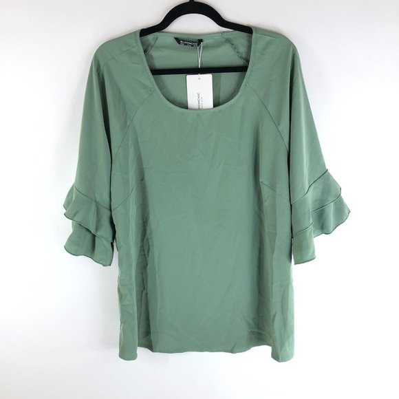 Bloomchic Womens Plain Ruffle Tiered Round Neck Blouse Green 12 - Picture 3 of 6